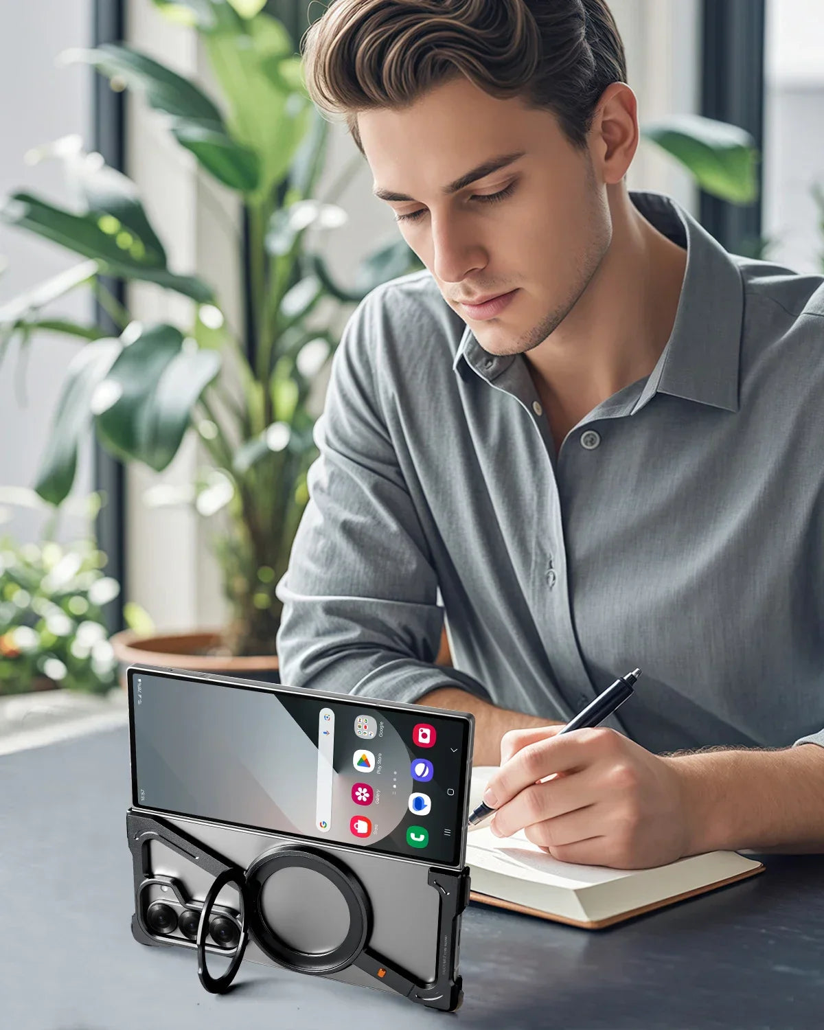 Samsung Galaxy Z Fold5 Frameless Z Shape Metal Bumper Case with 360 Rotating Stand Ring - Black