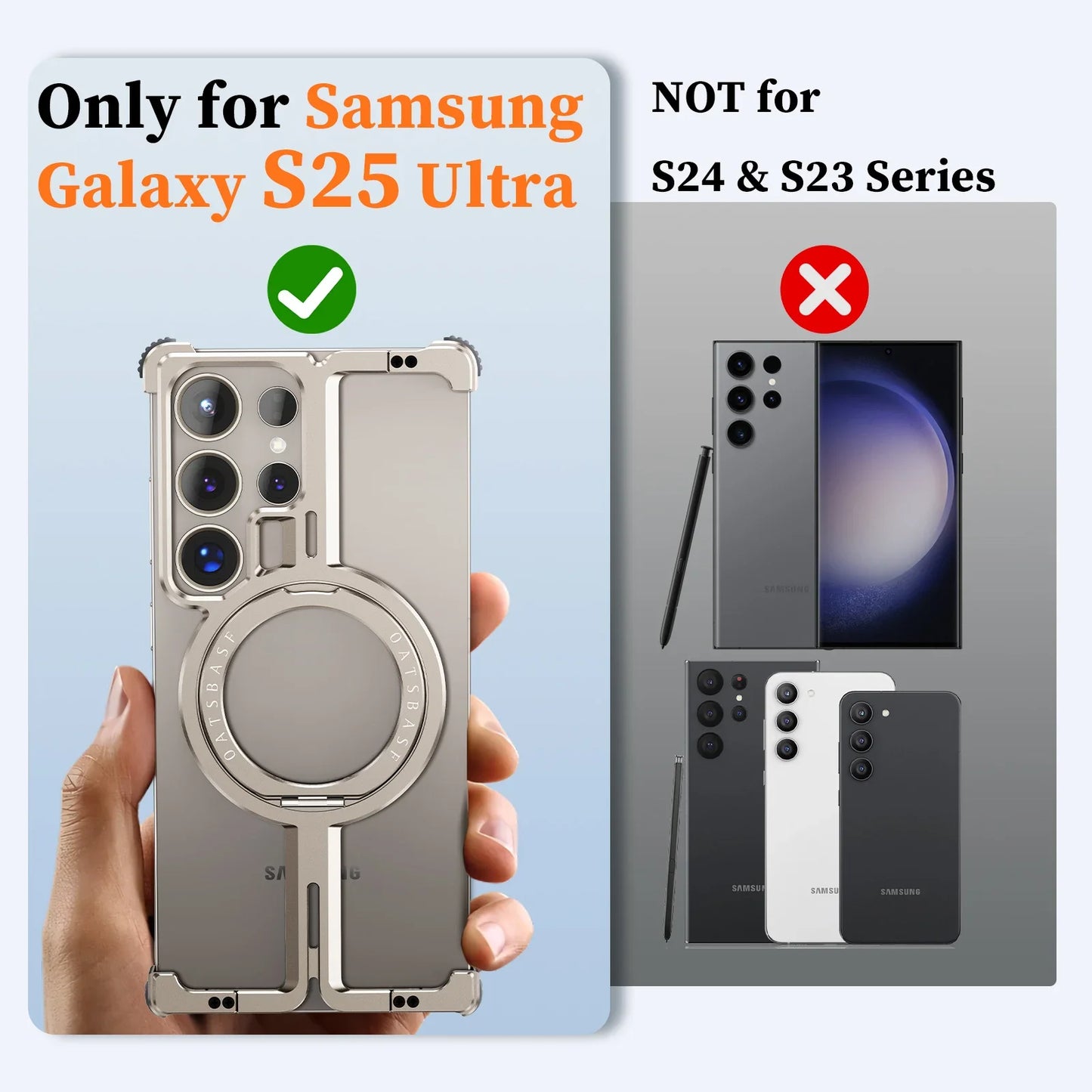 Samsung Galaxy S25 Ultra Frameless Metal Shockproof Bumper Case with Magsafe & 360° Rotatable Ring Kickstand - Titanium