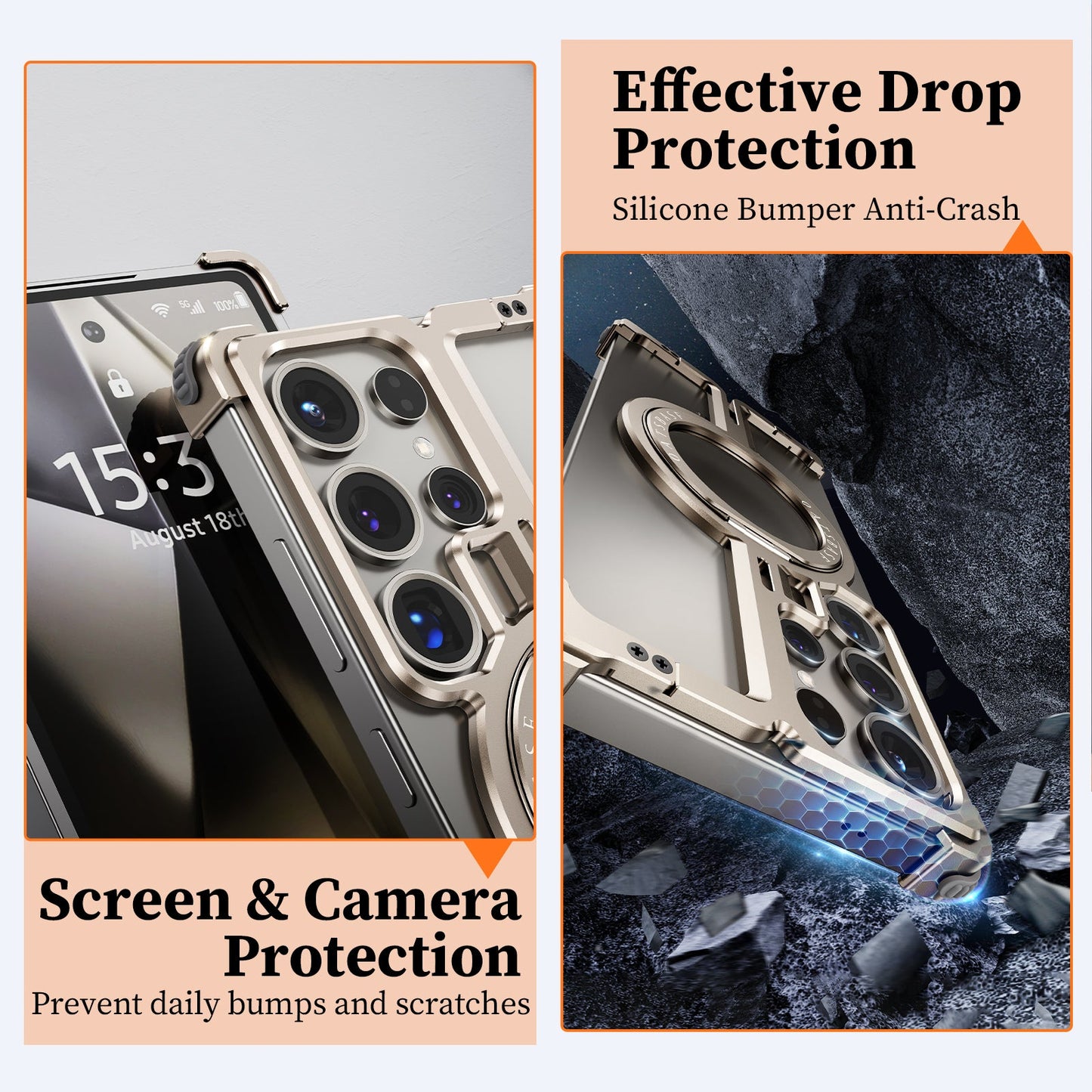 Samsung Galaxy S25 Ultra Frameless Metal Shockproof Bumper Case with Magsafe & 360° Rotatable Ring Kickstand - Titanium