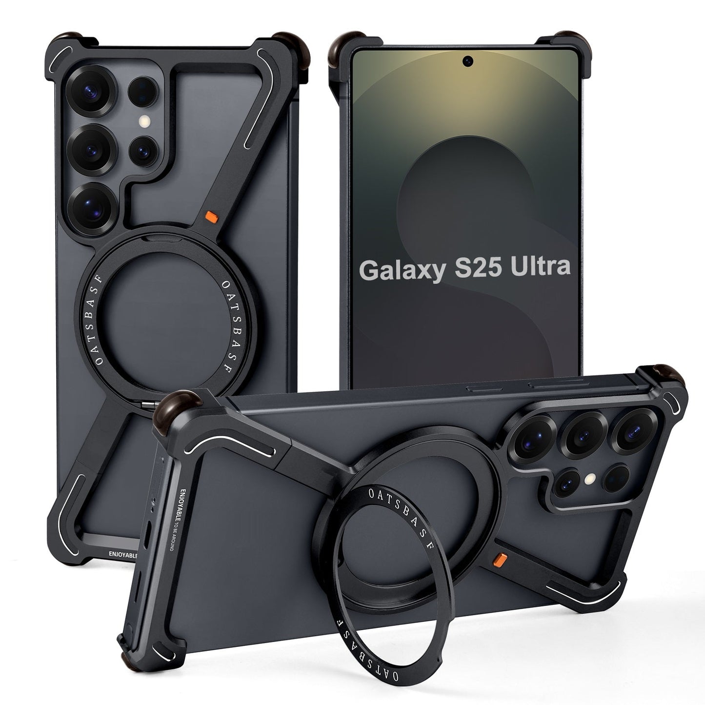 Samsung Galaxy S25 Ultra Z Shape Metal Bumper Case with Magsafe & 360° Rotatable Kickstand - Black
