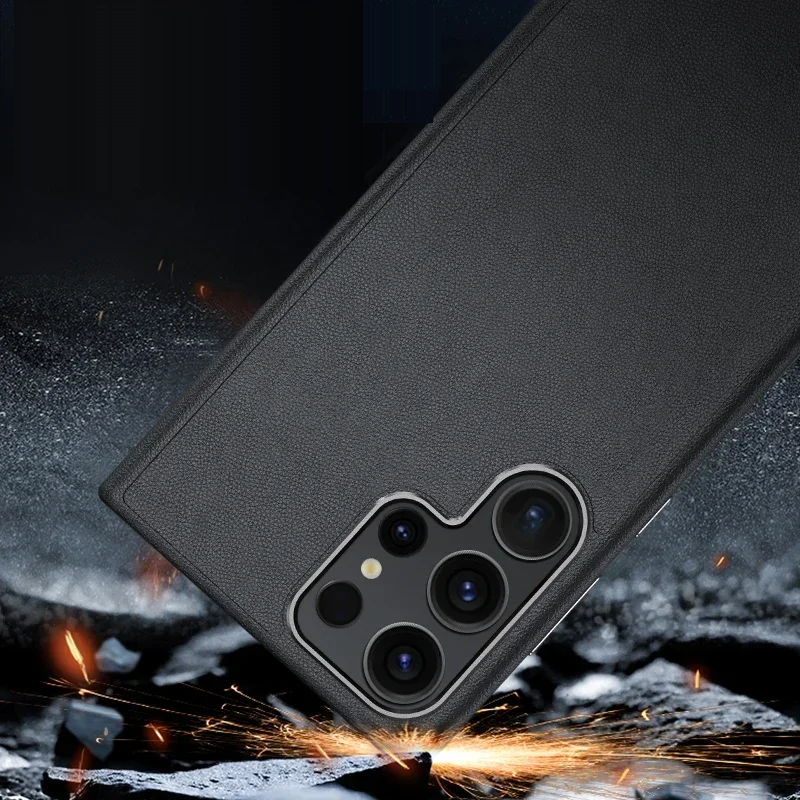 Samsung Galaxy S25 Ultra Vegan Leather Protection Case with Metal Camera Bumper - Black