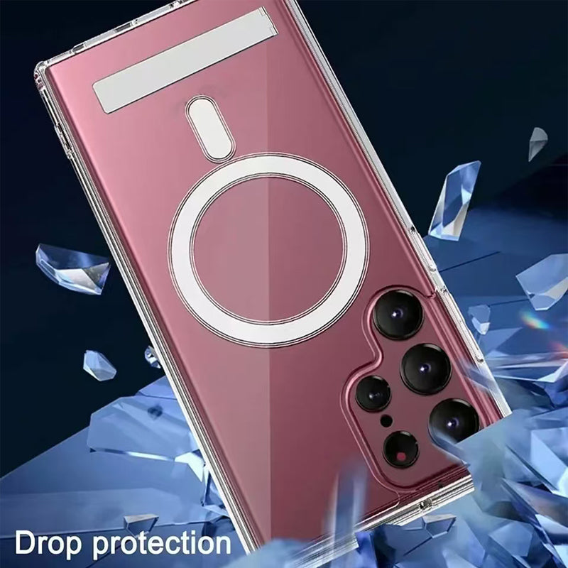 Samsung Galaxy S25 Ultra Magsafe Clear Shockproof Case with Metal Kickstand Holder - Clear