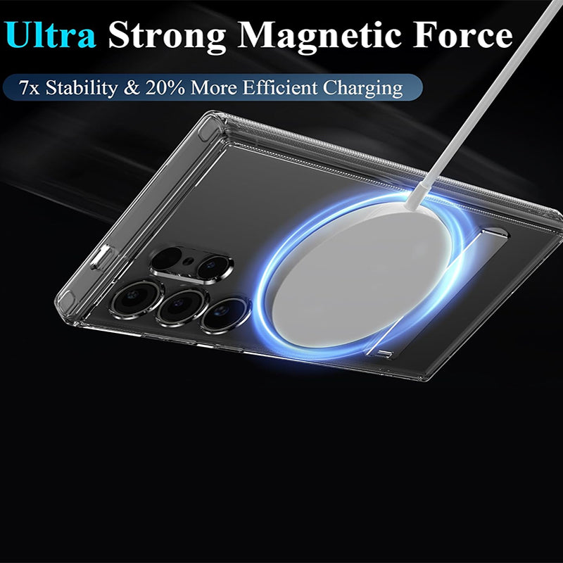 Samsung Galaxy S25 Ultra Magsafe Clear Shockproof Case with Metal Kickstand Holder - Clear