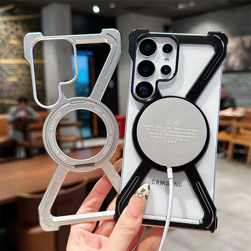 Samsung Galaxy S25 Ultra Frameless Metal Bumper Case with Magsafe & 360° Rotatable Ring & Kickstand - Titanium