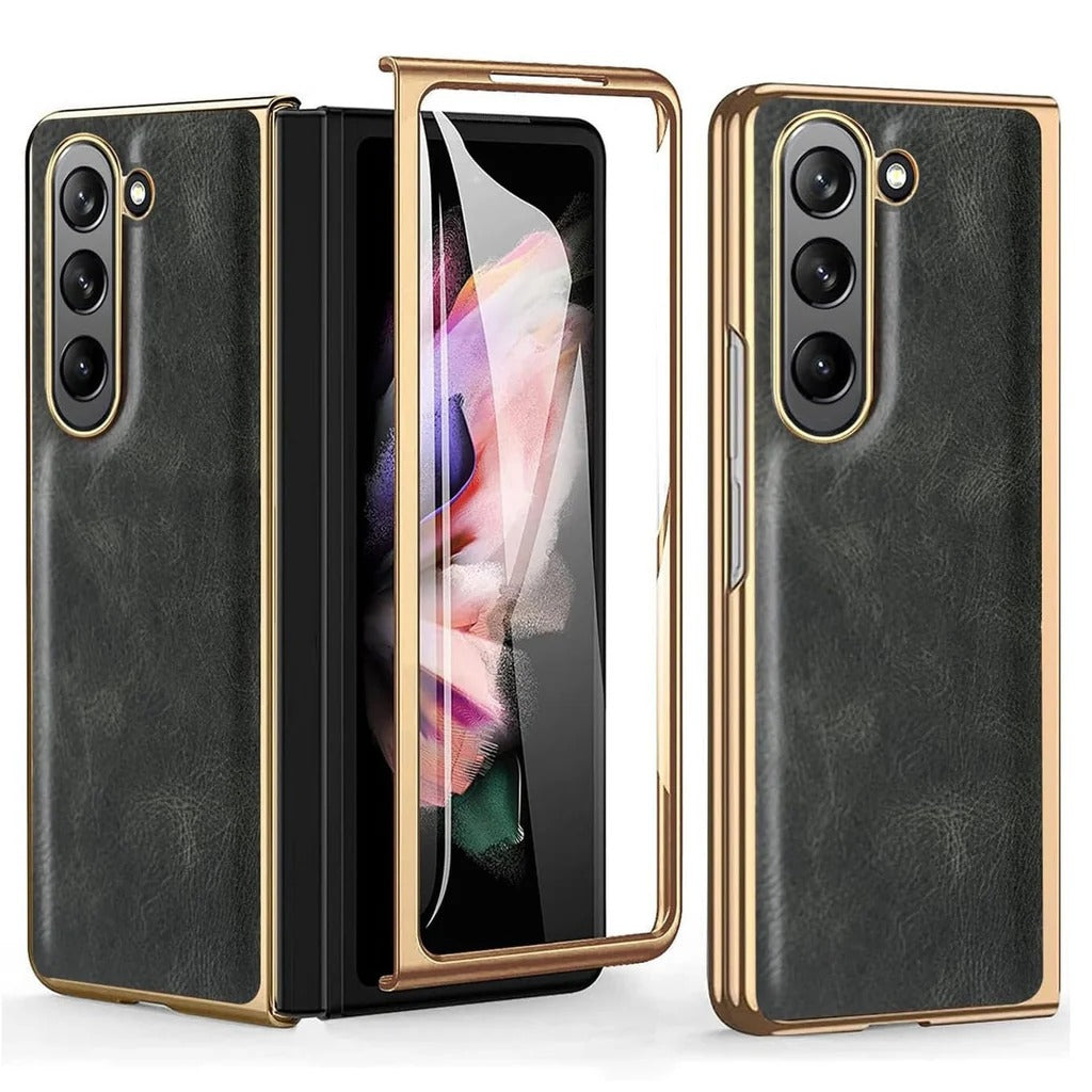 Samsung Galaxy Z Fold 6 Retro Leather Case with Gold Plating & Front Glass
