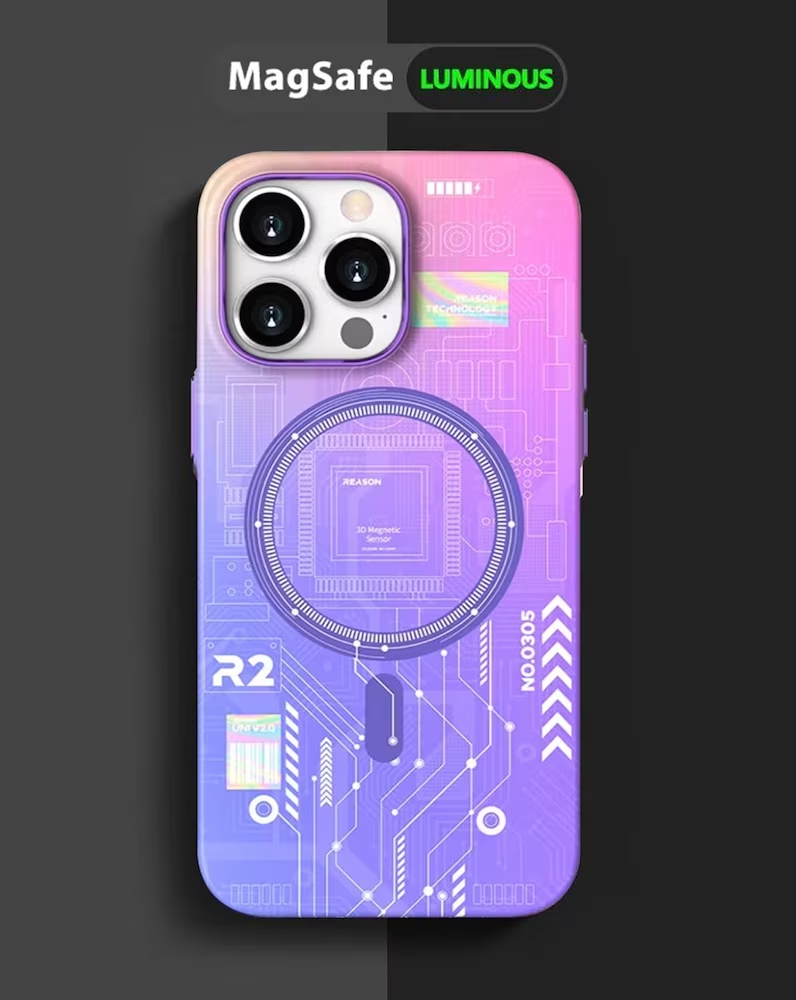 iPhone 15 Pro Radium Glow Futuristic Tech Design Magsafe Case - Purple