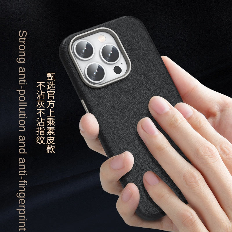 iPhone 15 Pro Genuine Leather Case Luxury Business Style Back Cover Case-Black