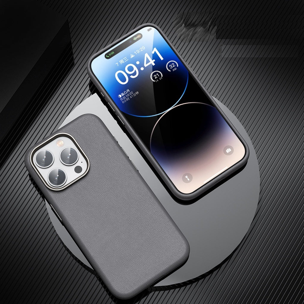 iPhone 15 Pro Genuine Leather Case Luxury Business Style Back Cover Case-Gray