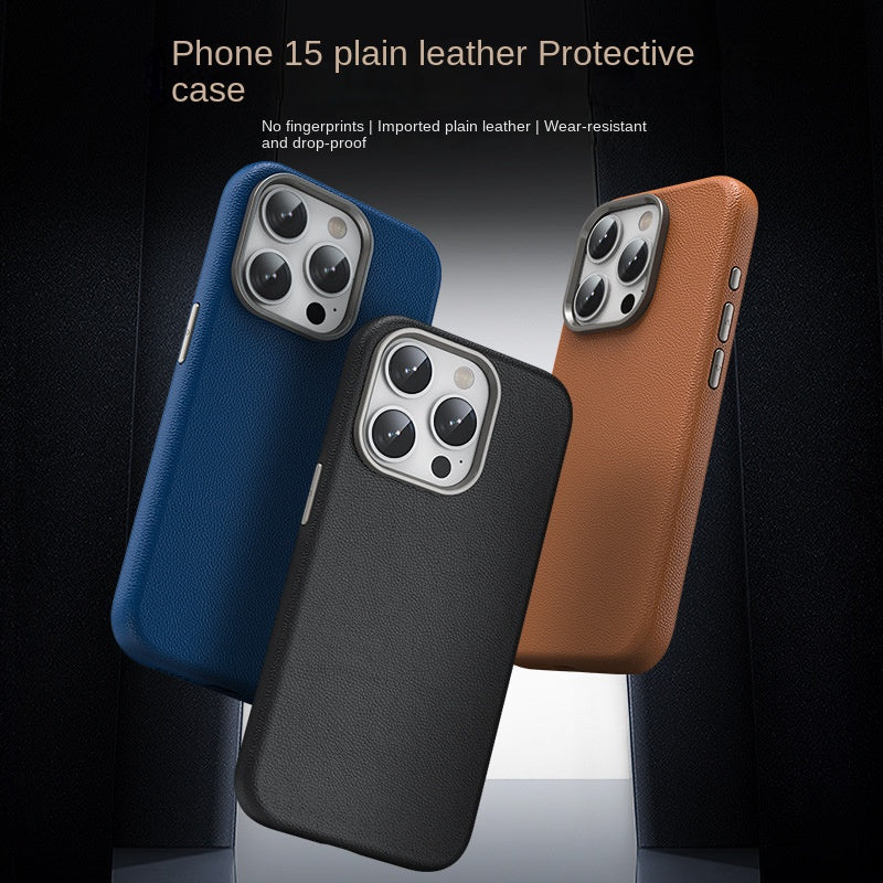 iPhone 15 Pro Genuine Leather Case Luxury Business Style Back Cover Case-Brown