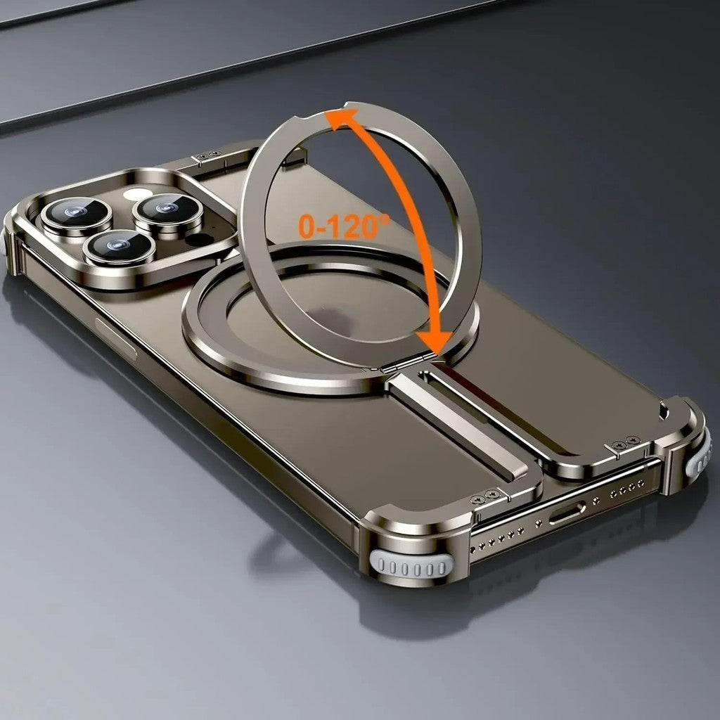 iPhone 15 Pro Pure Metal Framless Magnetic Impact Resistance Bumper Case with Stand - Titanium