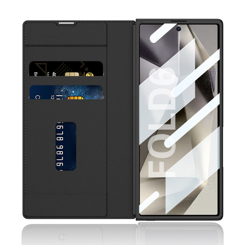 Samsung Z Fold 6 Leather Flip Wallet Card Holder Case With Glass Protector & S Pen Slot