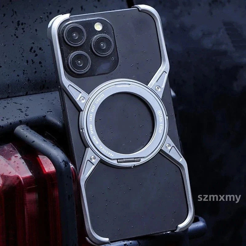 iPhone 16 Pro Max Metal Alloy X Shape Bumper Case with Magsafe & Rotating Stand - Gray