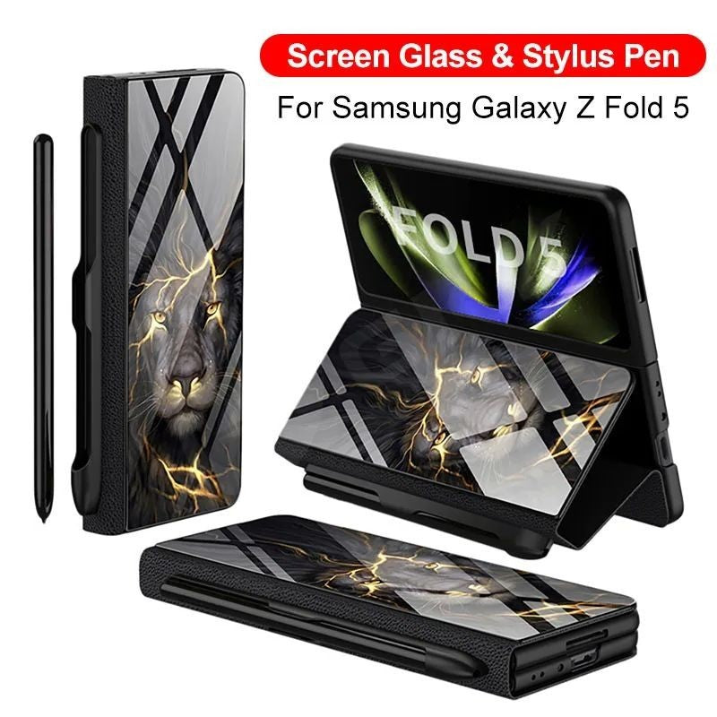 Samsung Galaxy Z Fold 6 GKK Lion Pattern Glass Flip Case With Front Glass - Black