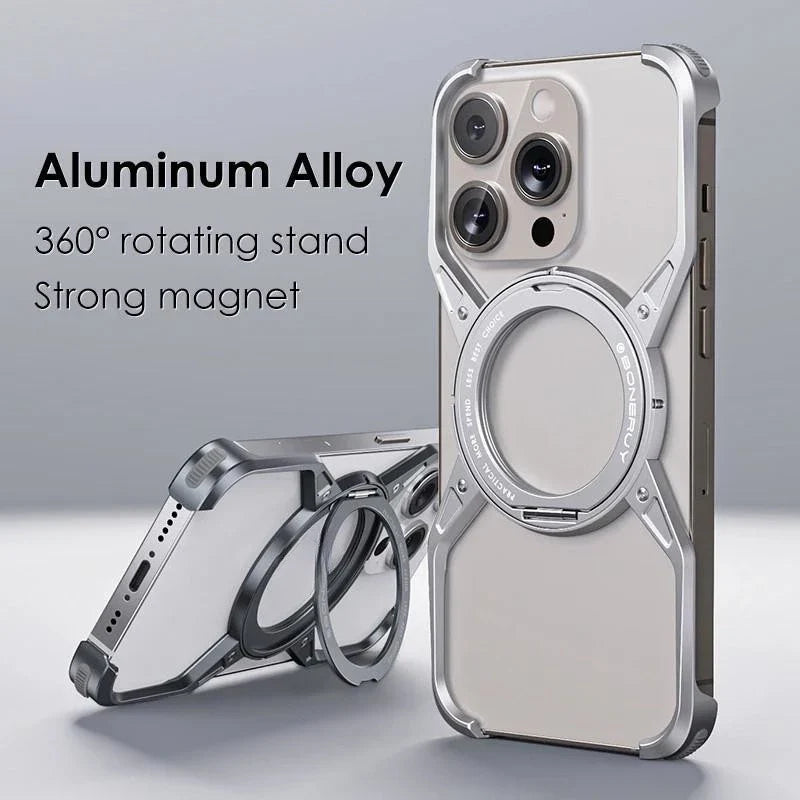 iPhone 16 Pro Max Metal Alloy X Shape Bumper Case with Magsafe & Rotating Stand - Silver