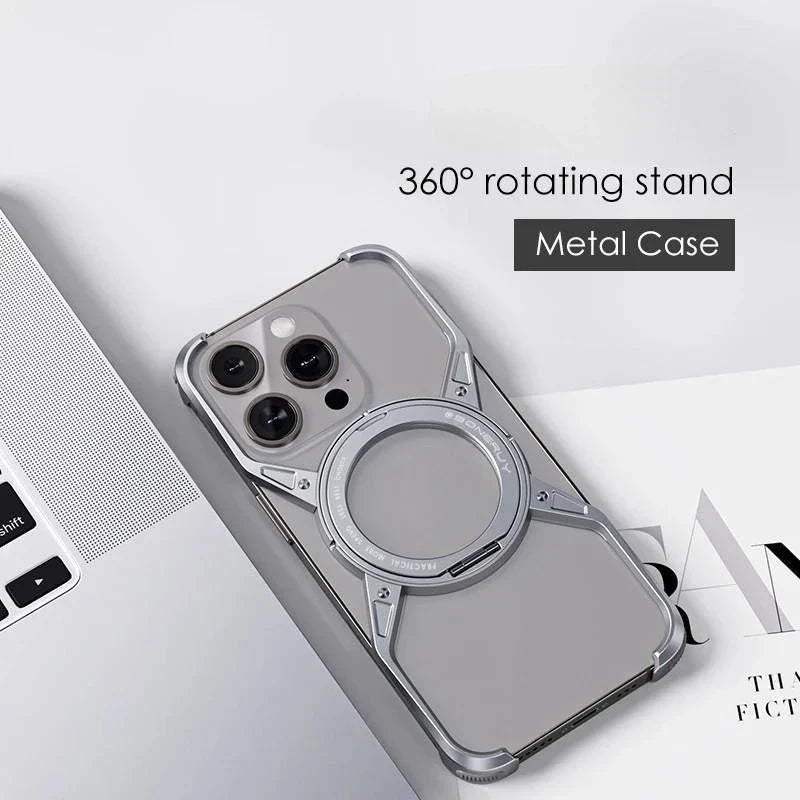 iPhone 16 Pro Max Metal Alloy X Shape Bumper Case with Magsafe & Rotating Stand - Silver