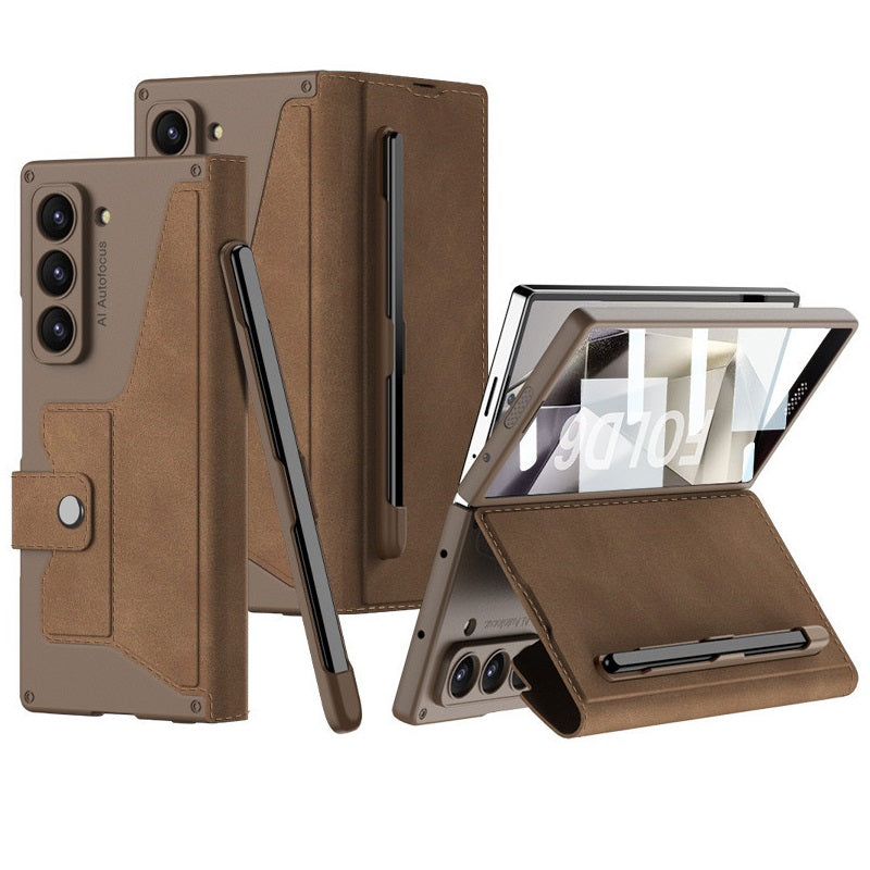 Samsung Z Fold 6 Leather Flip Wallet Card Holder Case With Glass Protector & S Pen Slot