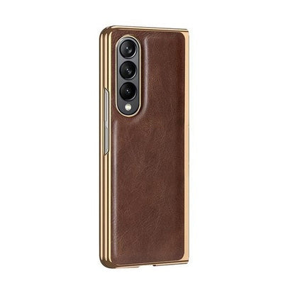 Samsung Galaxy Z Fold 4 Gold Plated Leather Case With Front Glass - Dark Brown