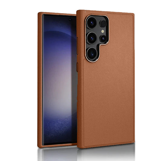 Samsung Galaxy S25 Ultra Vegan Leather Protection Case with Metal Camera Bumper - Brown