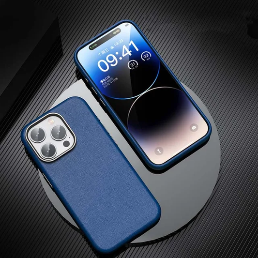 iPhone 15 Pro Genuine Leather Case Luxury Business Style Back Cover Case-Blue