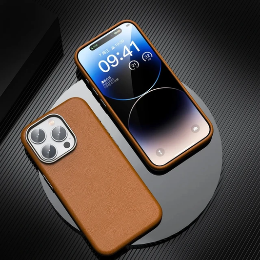 iPhone 15 Pro Genuine Leather Case Luxury Business Style Back Cover Case-Brown