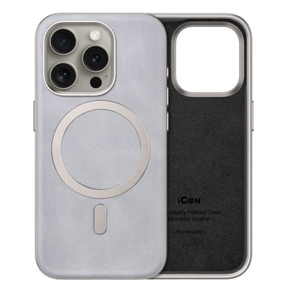 iPhone 15 Pro Max Leather Magsafe Case with Metal Ring - Gray