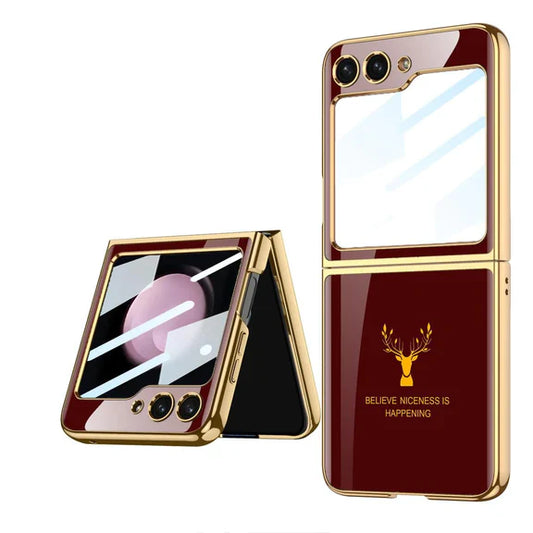 Samsung Galaxy Z Flip 6 Deer Pattern Glass Case - Red