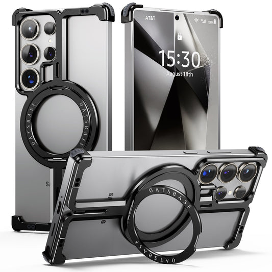 Samsung Galaxy S25 Ultra Frameless Metal Shockproof Bumper Case with Magsafe & 360° Rotatable Ring Kickstand - Black