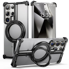Samsung Galaxy S25 Ultra Frameless Metal Shockproof Bumper Case with Magsafe & 360° Rotatable Ring Kickstand - Black