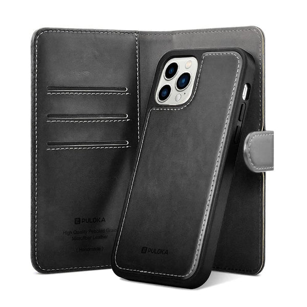 iPhone 15 Pro Max Leather 2in1 Flip Wallet and Back Cover Case - Black
