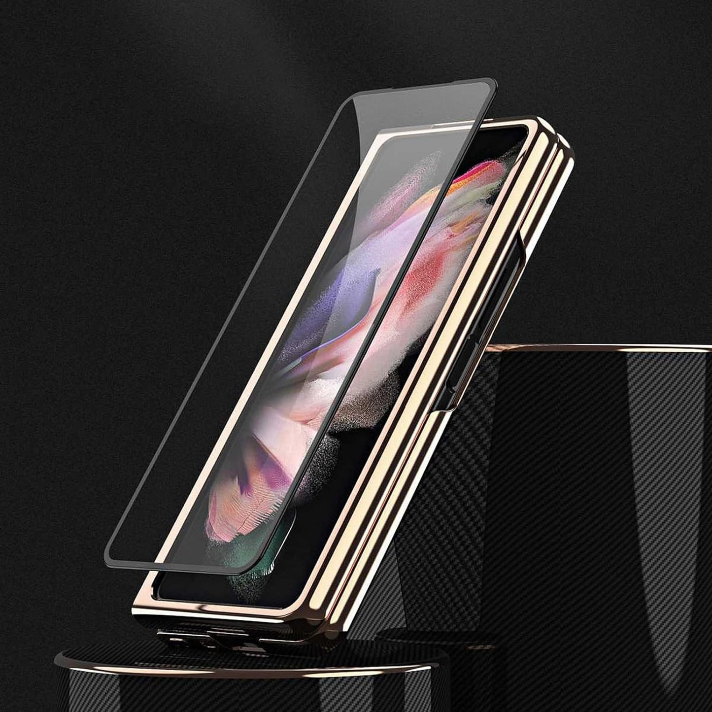 Samsung Galaxy Z Fold 4 Gold Plated Leather Case With Front Glass - Dark Brown