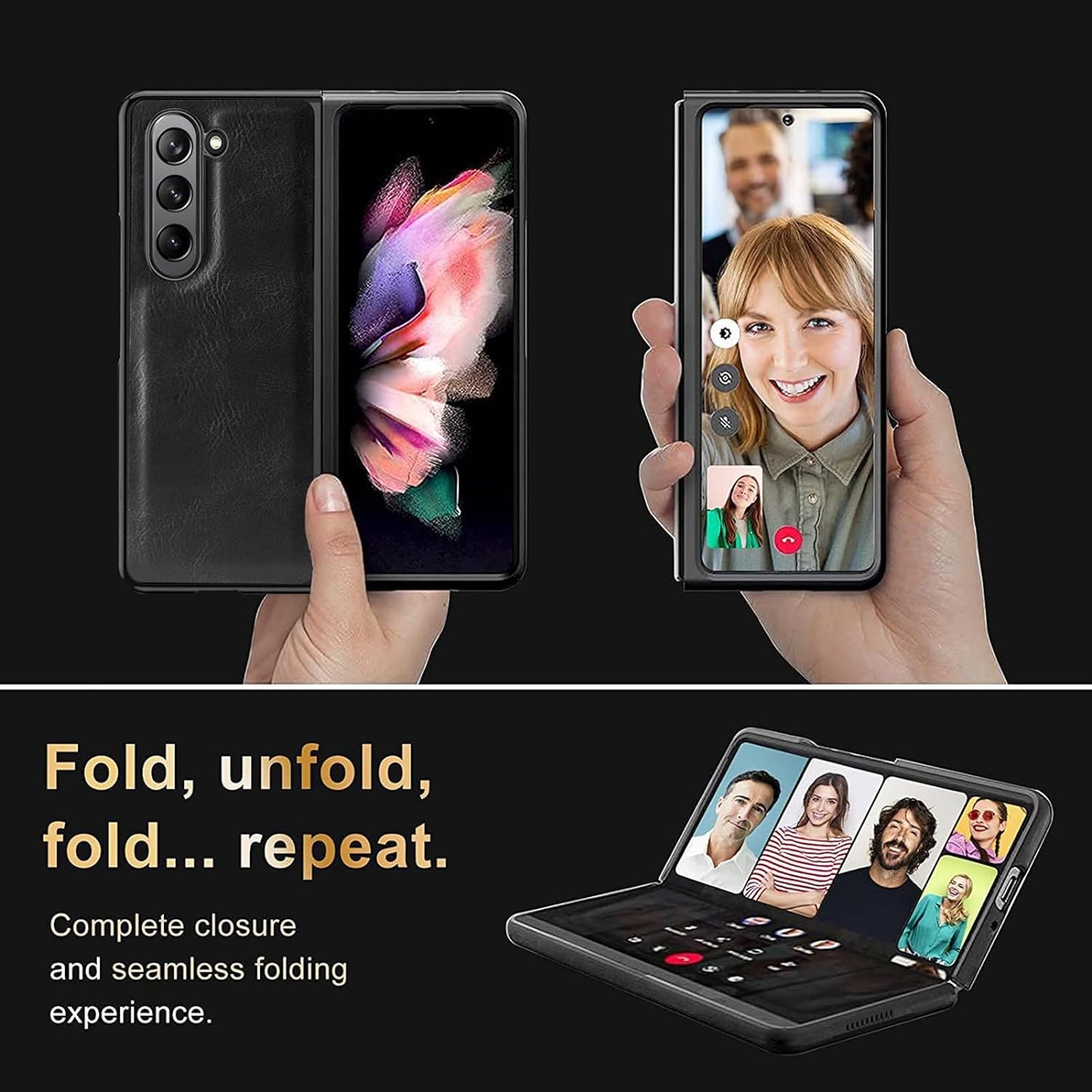 Samsung Galaxy Z Fold 6 Retro Leather Case with Gold Plating & Front Glass