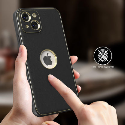 iPhone 13 Leather Silver Electroplated Chrome Back Cover-Black