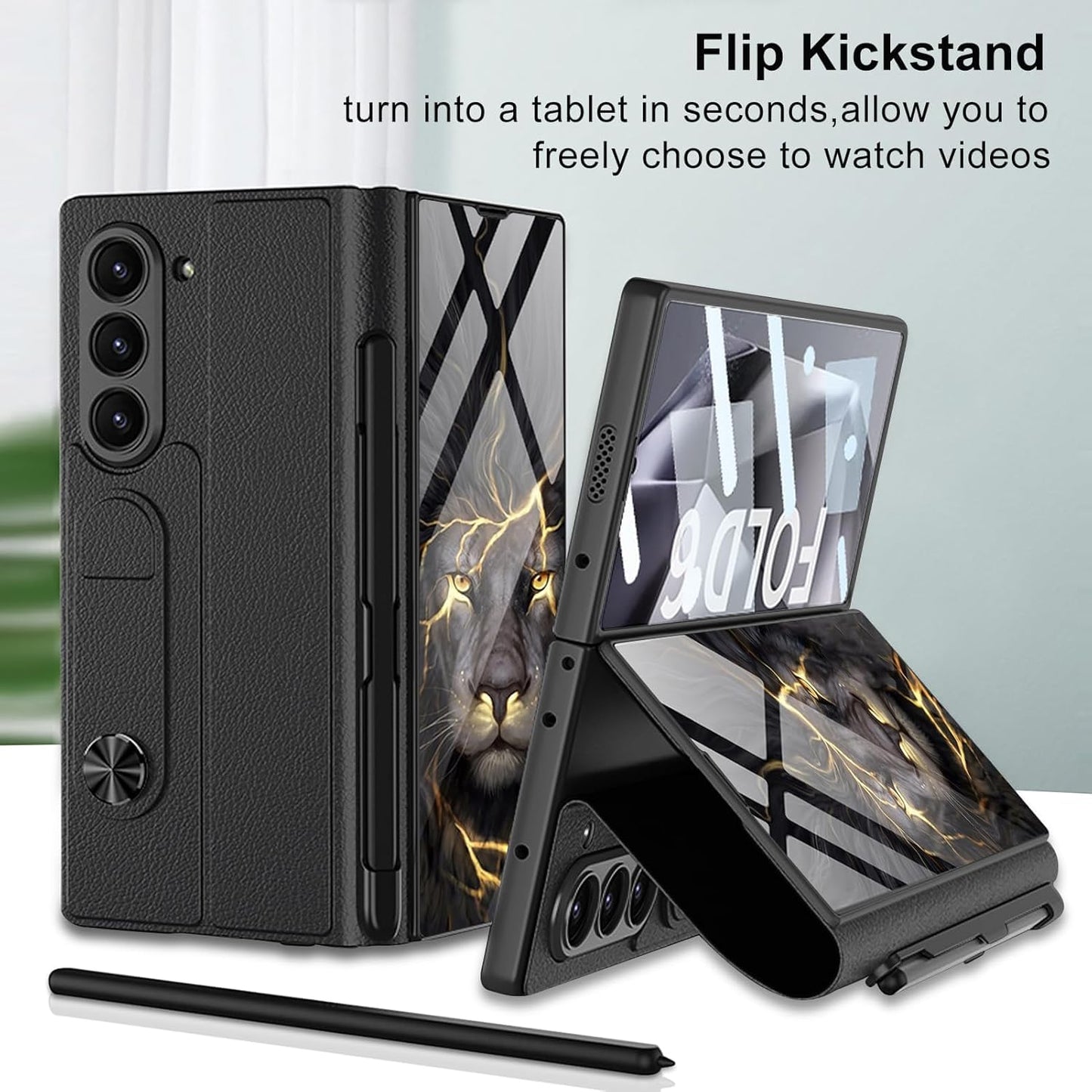 Samsung Galaxy Z Fold 6 GKK Lion Pattern Glass Flip Case With Front Glass - Black