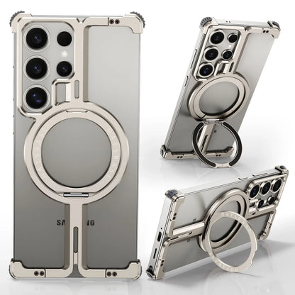 Samsung Galaxy S25 Ultra Frameless Metal Shockproof Bumper Case with Magsafe & 360° Rotatable Ring Kickstand - Titanium