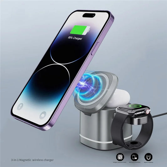 XUNDD 3-in-1 Magnetic Wireless Charger & Folding Charging Station for Headset, iWatch & Airpods - Grey