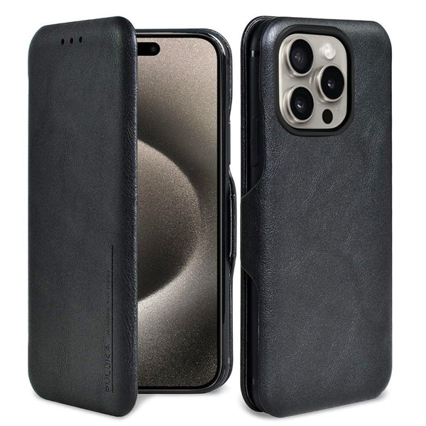iPhone 15 Pro Max Leather Flip Cover Wallet Cover - Black