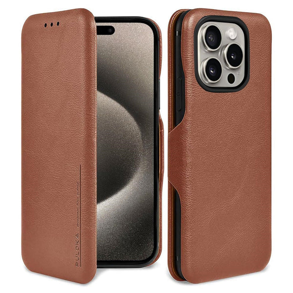 iPhone 15 Pro Max Leather Flip Cover Wallet Cover - Brown