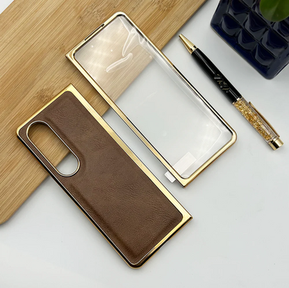 Samsung Galaxy Z Fold 4 Gold Plated Leather Case With Front Glass - Dark Brown