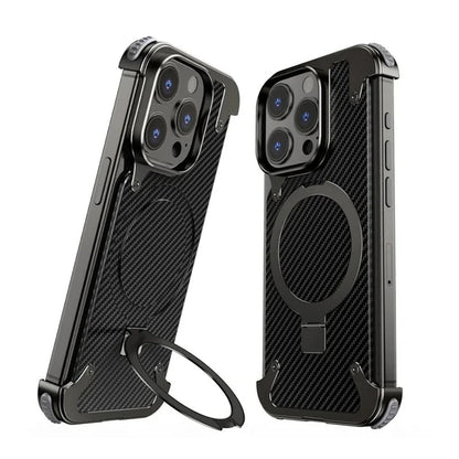 iPhone 15 Pro Max Metal Rimless Carbon Fibre Magnetic Impact Resistance Casing with Stand - Black