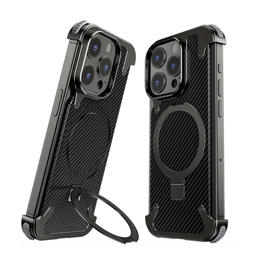 iPhone 15 Pro Max Metal Rimless Carbon Fibre Magnetic Impact Resistance Casing with Stand - Black