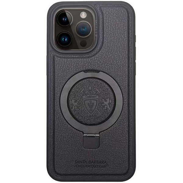 iPhone 15 Pro Max Santa Barbara Primo Metal Ring Leather Case - Black