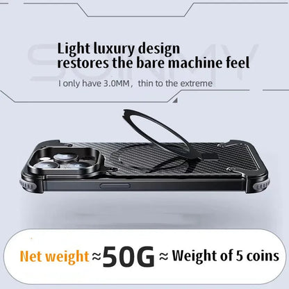iPhone 15 Pro Max Metal Rimless Carbon Fibre Magnetic Impact Resistance Casing with Stand - Black