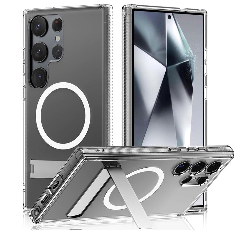 Samsung Galaxy S25 Ultra Magsafe Clear Shockproof Case with Metal Kickstand Holder - Clear