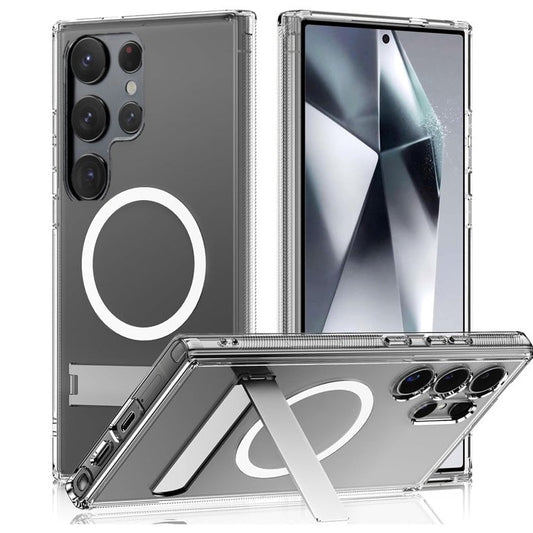 Samsung Galaxy S25 Ultra Magsafe Clear Shockproof Case with Metal Kickstand Holder - Clear