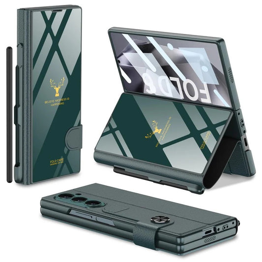 Samsung Galaxy Z Fold 6 GKK Deer Pattern Glass Flip Case With Front Glass - Green