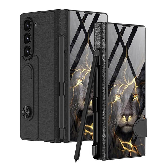 Samsung Galaxy Z Fold 6 GKK Lion Pattern Glass Flip Case With Front Glass - Black