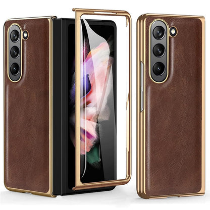 Samsung Galaxy Z Fold 5 Gold Plated Leather Case With Front Glass - Brown
