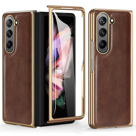 Samsung Galaxy Z Fold 5 Gold Plated Leather Case With Front Glass - Brown