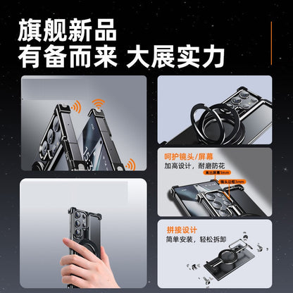 Samsung Galaxy S25 Ultra Frameless Metal Shockproof Bumper Case with Magsafe & 360° Rotatable Ring Kickstand - Titanium