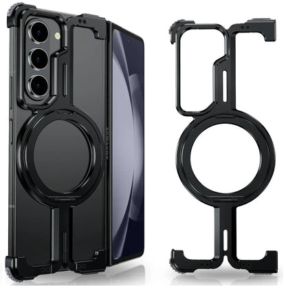 Samsung Galaxy Z Fold 5 Frameless Metal Bumper Case with 360 Magnetic Stand Ring - Black